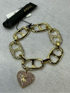 Aqua Gold Rhinestone Chromatic Chain Pop Top Bracelet Louis Vuitton Heart Charm